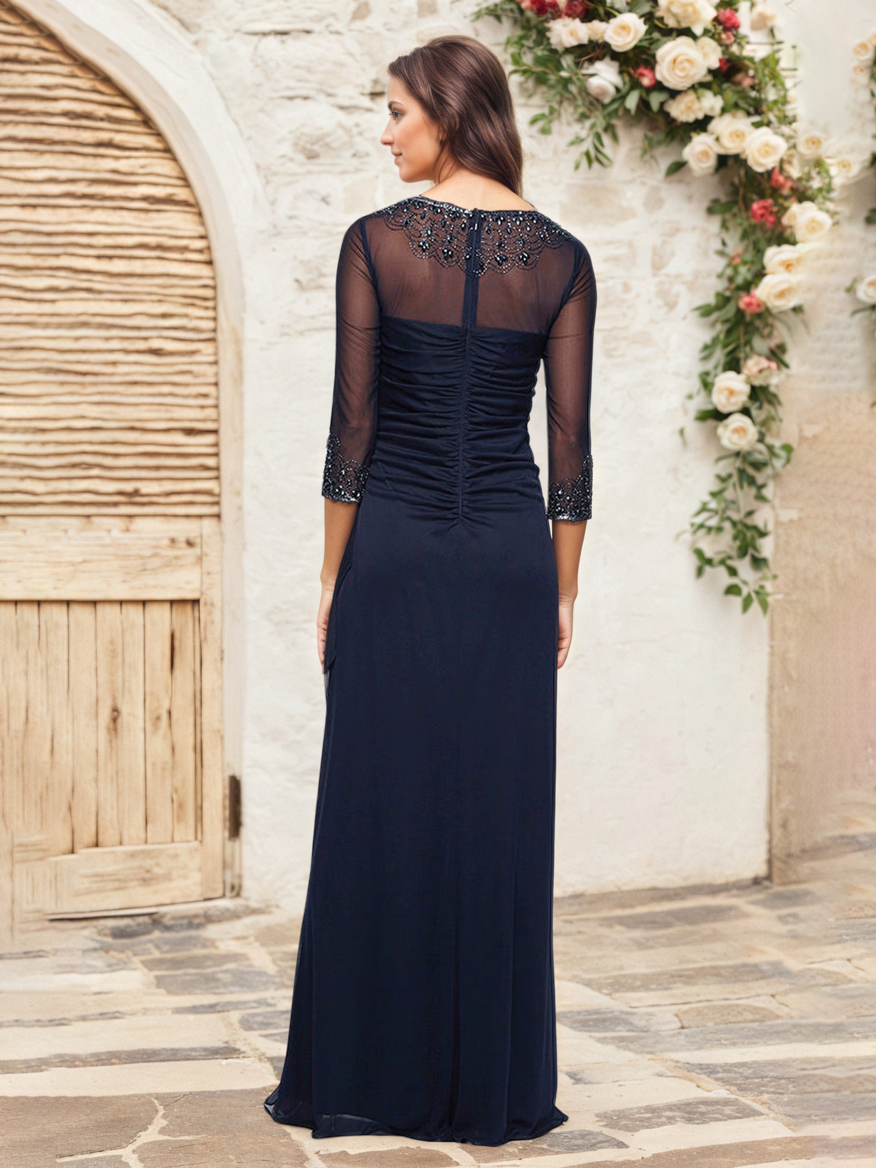 Dark Navy A-Line Gown Mother of the Bride Dress with Beaded Details and Illusion Sleeves