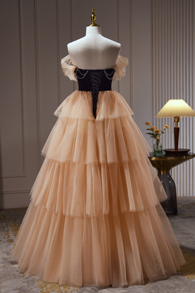 Pretty Champagne Off The Shoulder Beading A Line Tulle Long Prom Dresses