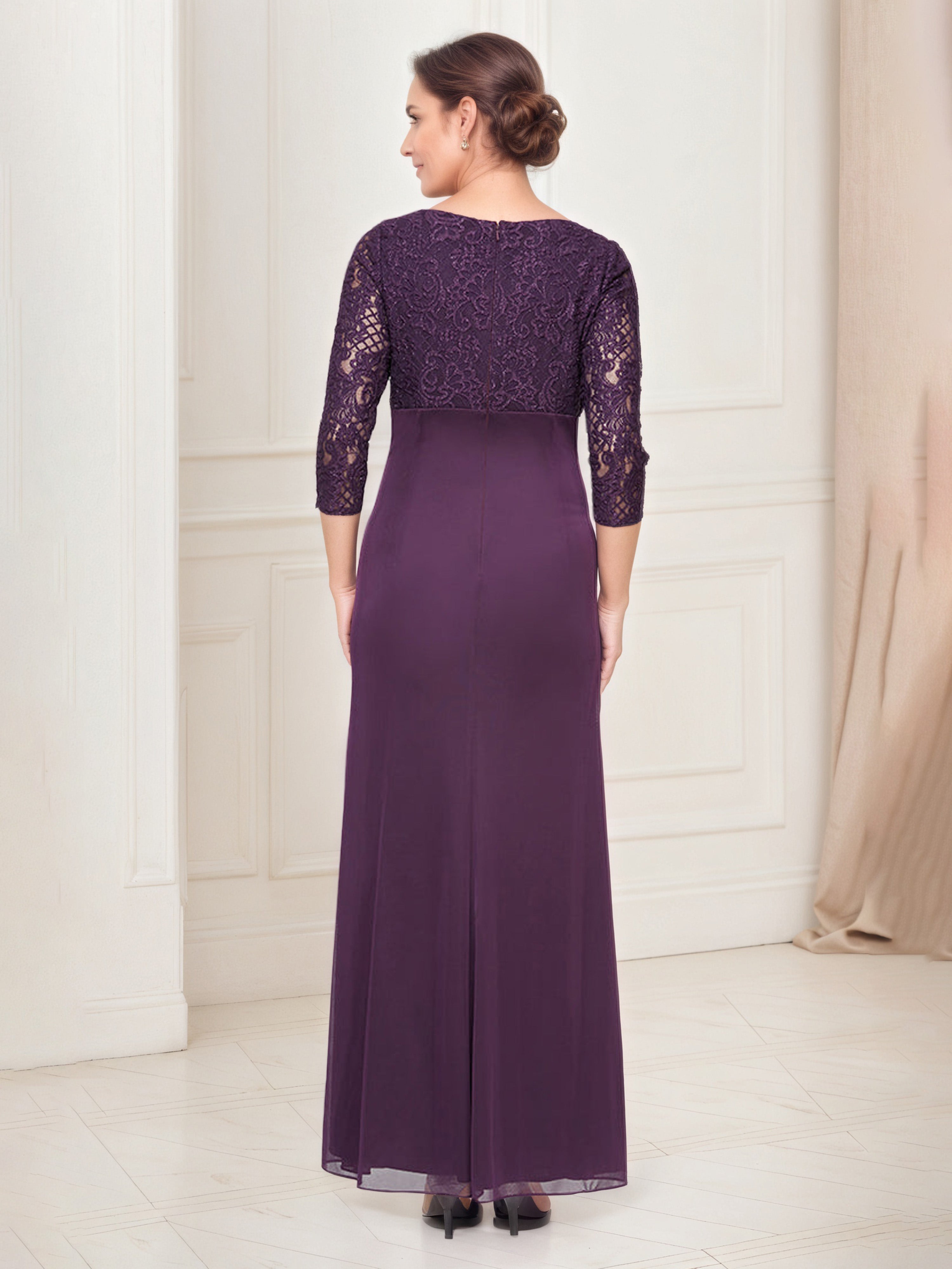 Aubergine Empire Waist Mother of the Bride Dress with 3/4 Sleeves and Lace Top