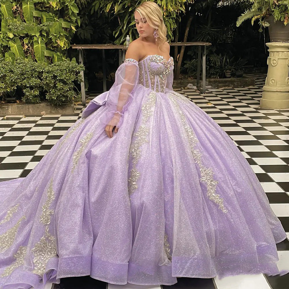 Glitter & Sparkly Ball Gown Strapless Long Sleeves Lace Appliques Beaded Bow Knot Lilac Tulle Princess Evening Party Gown Quinceanera Dress for Sweet 16