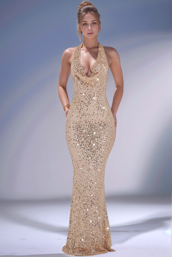 Glamours & Glitter Mermaid Low V Neck Halter Sleeveless Fully Sequins Backless Floor Length Evening Party Dress Semi-Formal Prom Dresses Dress Cocktail Dress Wedding Guest Dress
