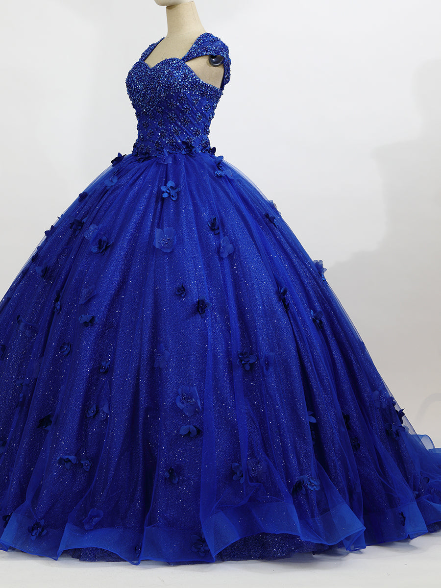 Glamorous Ball Gown Sweetheart Neck Sequins Appliques Royal Blue Tulle Quincea?era Dress for Sweet 16