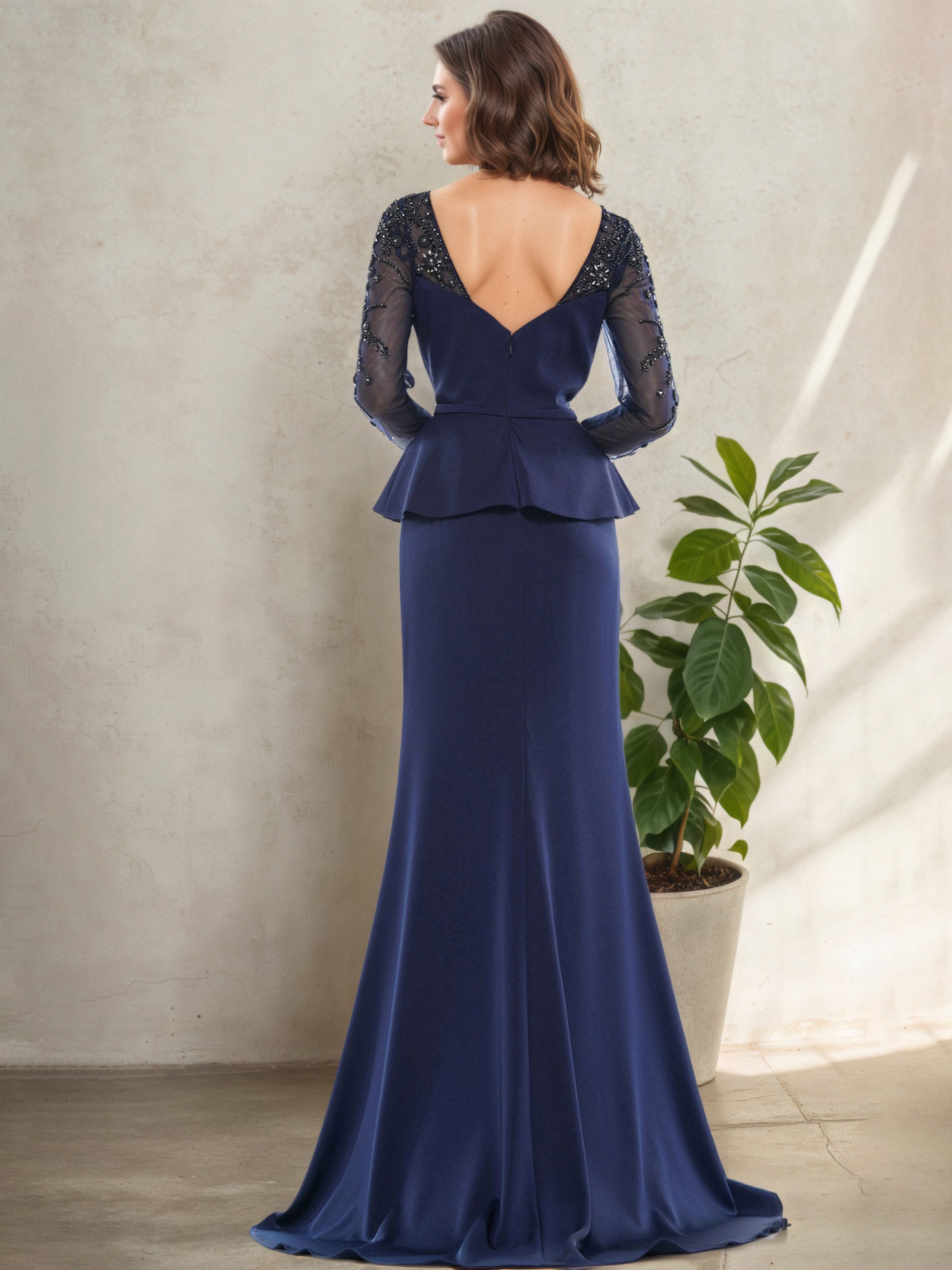 Navy Blue Overlay Bodycon Trumpet/Mermaid Mother of the Bride Dress with Long Sleeves