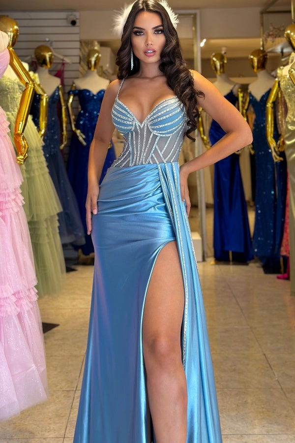 Gorgeous Sheath Strapless Spaghetti Straps Sleeveless Sky Blue Crystal Beaded Satin Prom Dresses Party Dress Floor Length High Side Slit and Train Evening Dress Wedding Guest Dress