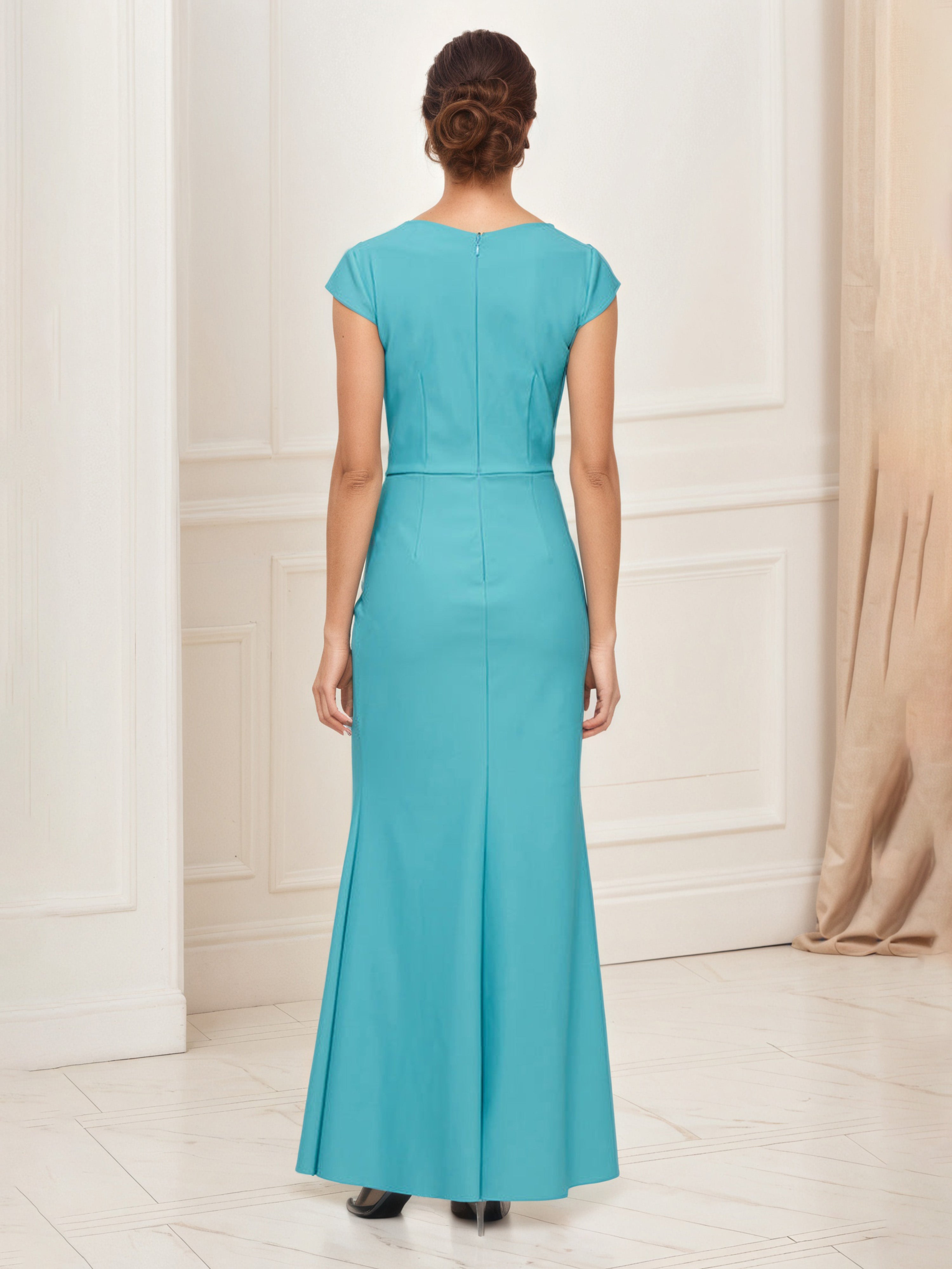 Jade V-Neck Mother of the Bride Dress with Cap Sleeves and Beaded Embellished Waist