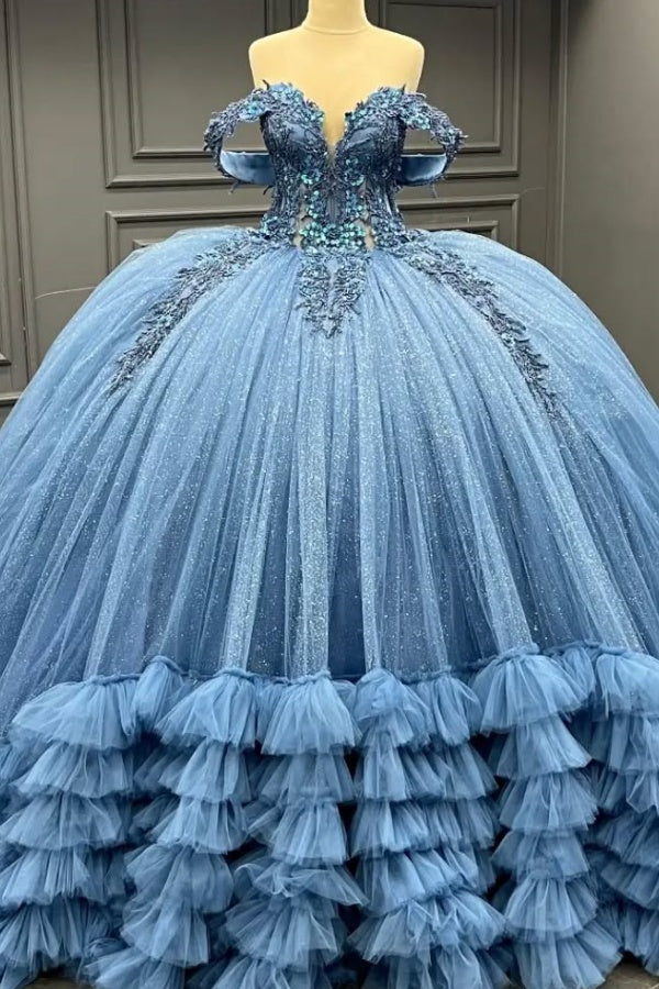 Ball Gown Off Shoulder Sleeveless 3D Flower Appliques Baded Sequins Ruffles Tiered Sparkly Blue Tulle Formal Evening Party Dress Quinceanera Dress for Sweet 16