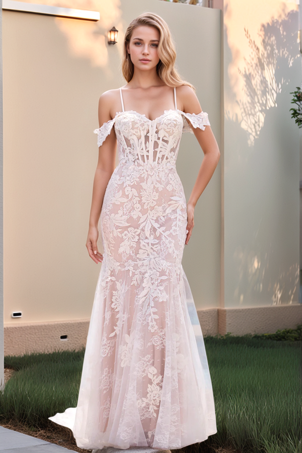 Mermaid Off Shoulder Spaghetti Straps Sleeveless Fully Lace Appliques Back Zipper Tulle Boho Wedding Dress Bride Gown