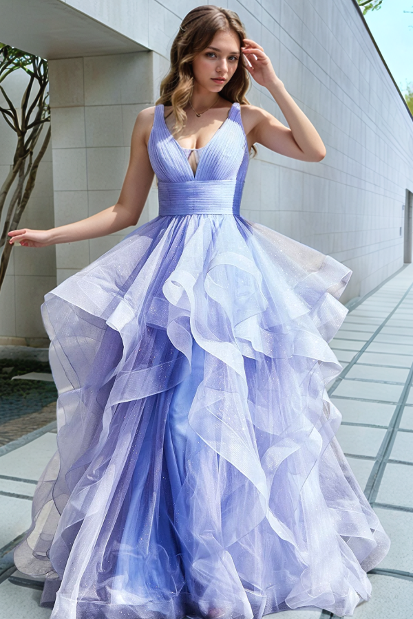 glamorous dresses for party & Sparkle A-Line V Neck Straps Sleeveless Pleated Tulle Tiered Formal Prom Dress V Back Floor Length Evening Dress Choose Your Option::6X length hem long  sleeve maxi dress What to Wear Between