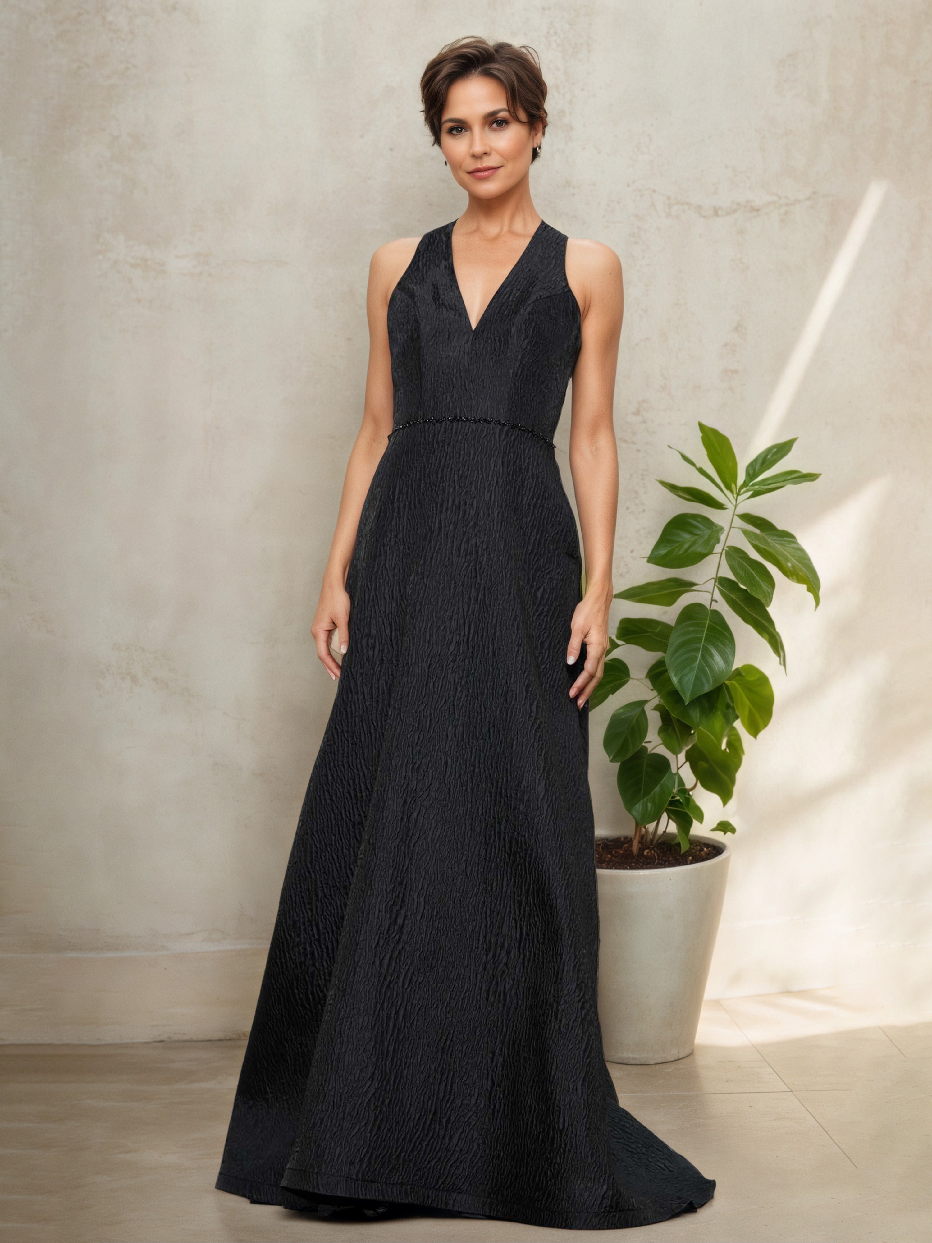 Black V-Neck Mother of the Bride Dress with Sleeves and Matching Shawl