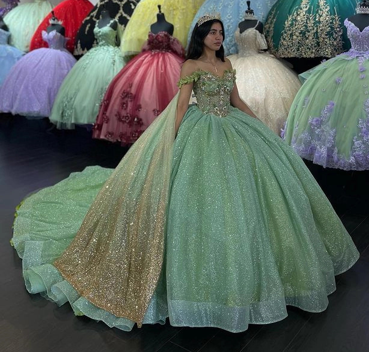 Sparkly & Glitter Ball Gown V Neck Long Sleeves Flowers Appliques Beaded Sage Tulle Green Quinceanera Dress Formal Evening Party Gown for Sweet 16