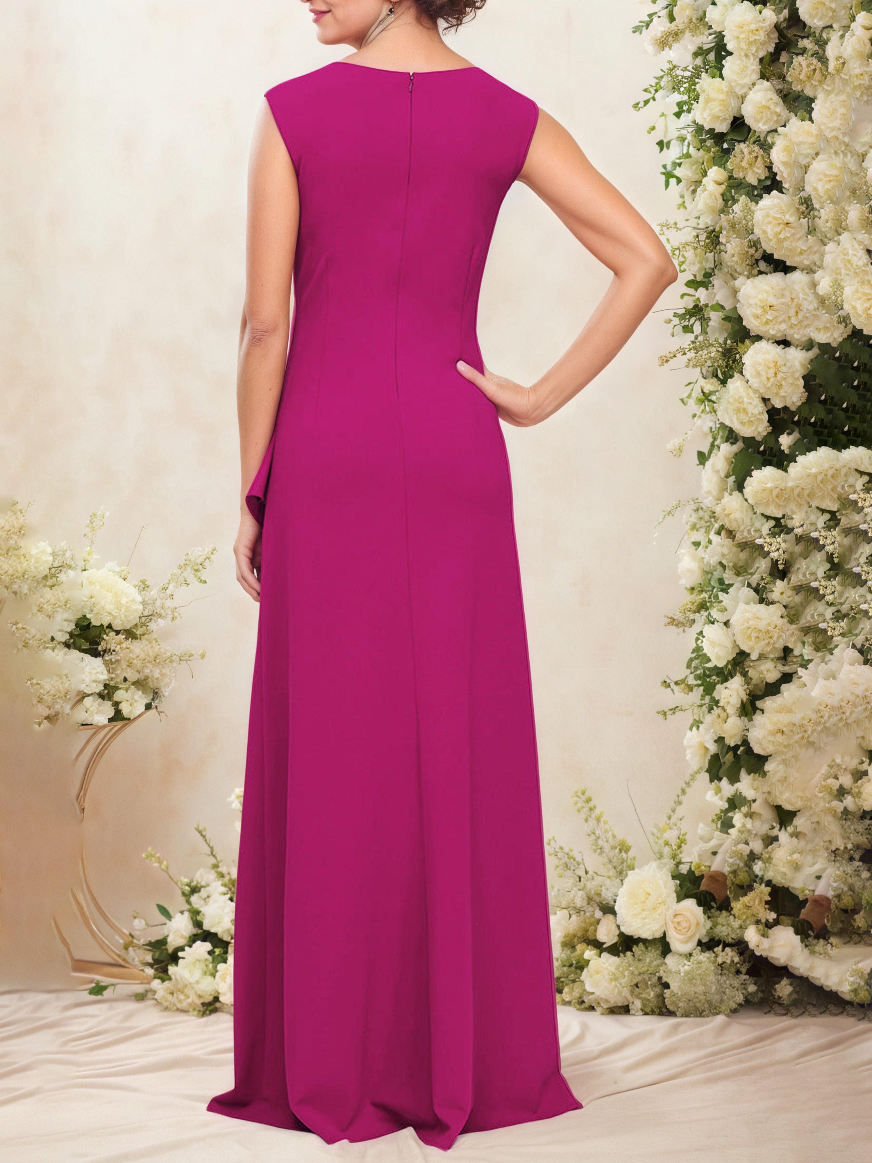 Fuchsia Square Neck Long Mother of the Bride Dress with Cascade Ruffles