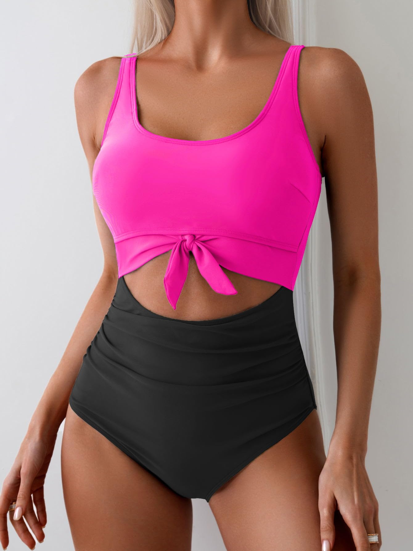 OmbreSwim - Women's One Piece Swimsuit Tummy Control Slimming Bathing Suit Cutout Tie Knot Swimwear