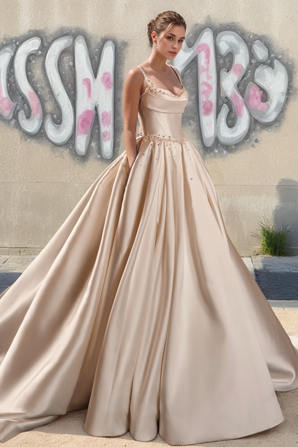 Glamorous & Gorgous A-Line Sweetheatd Neck Straps Beaded Satin Wedding Gown Back Zipper Sweep Train Bride Ball Gown