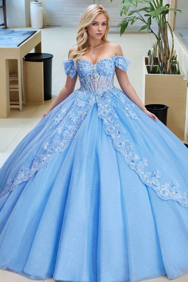 Elegant & Gorgeous Ball Gown Off Shoulder 3D Flower Appliques Sequins Blue Tulle Quinceanera Dress Evening Party Dress for Sweet 16