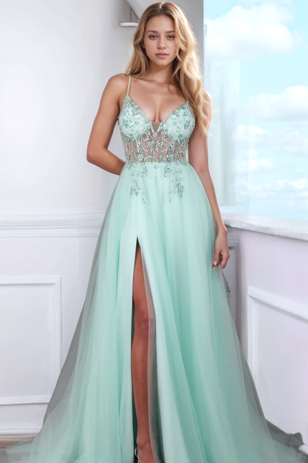 Chic & Modern A-Line V Neck Spaghetti Straps Sleeveless Appliques Tulle Prom Dresses Party Dress High Side Slit and Train Lace Up Formal Evening Dress