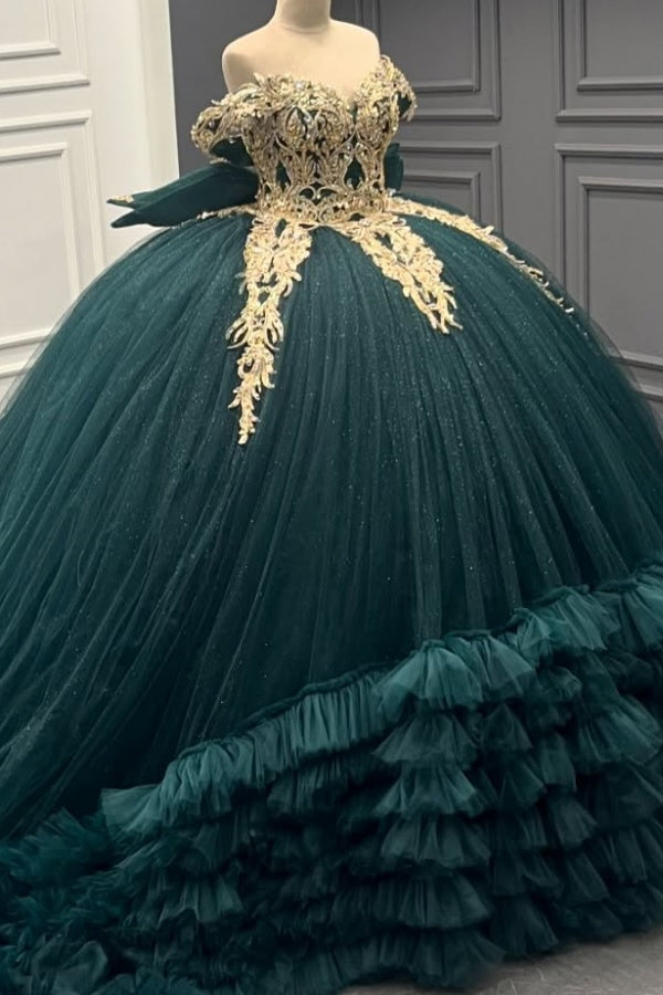 Ball Gown Off Shoulder Sleeveless Gold Appliques Ruffles Tiered Bow Knot Lace Up Sparkly Dark Green Tulle Quinceanera Dress Formal Evening Party Dress for Sweet 16