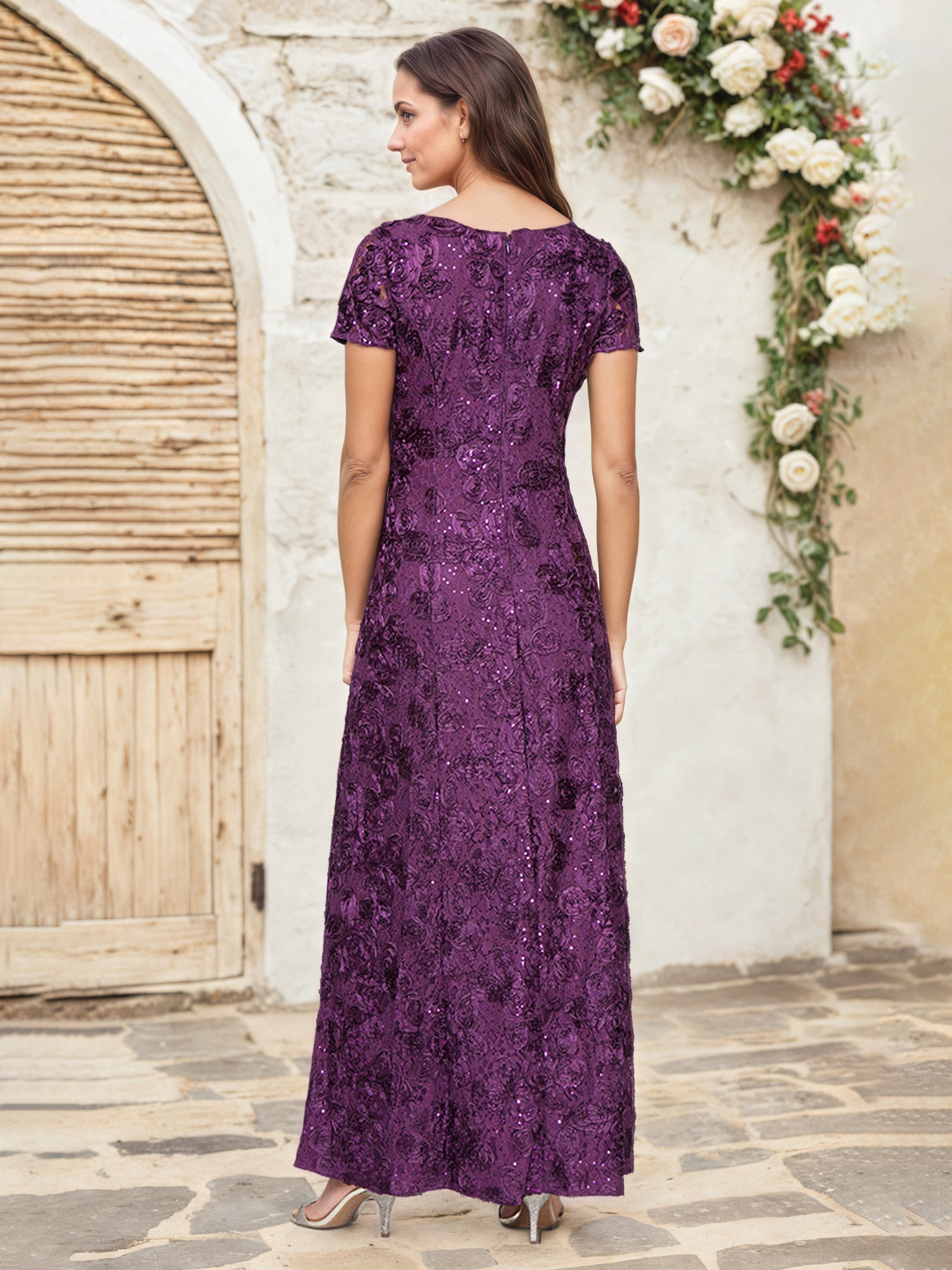 Grape A-Line Maxi Mother of the Bride Dress with Short Sleeves Lace Appliques and Sequin Details