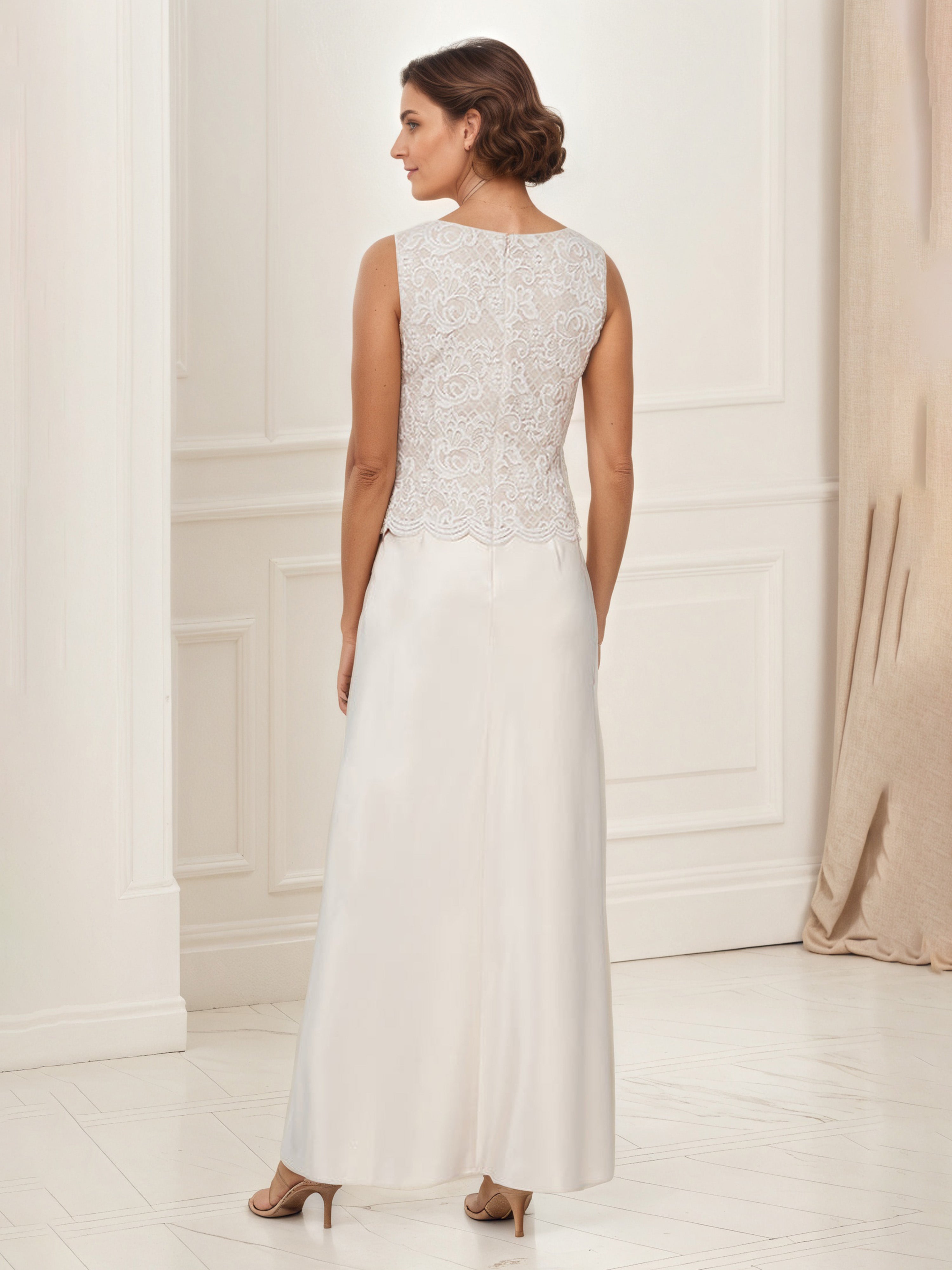 Champagne Satin Mother of the Bride Dress with Glitter Lace Bodice and Matching Jacket