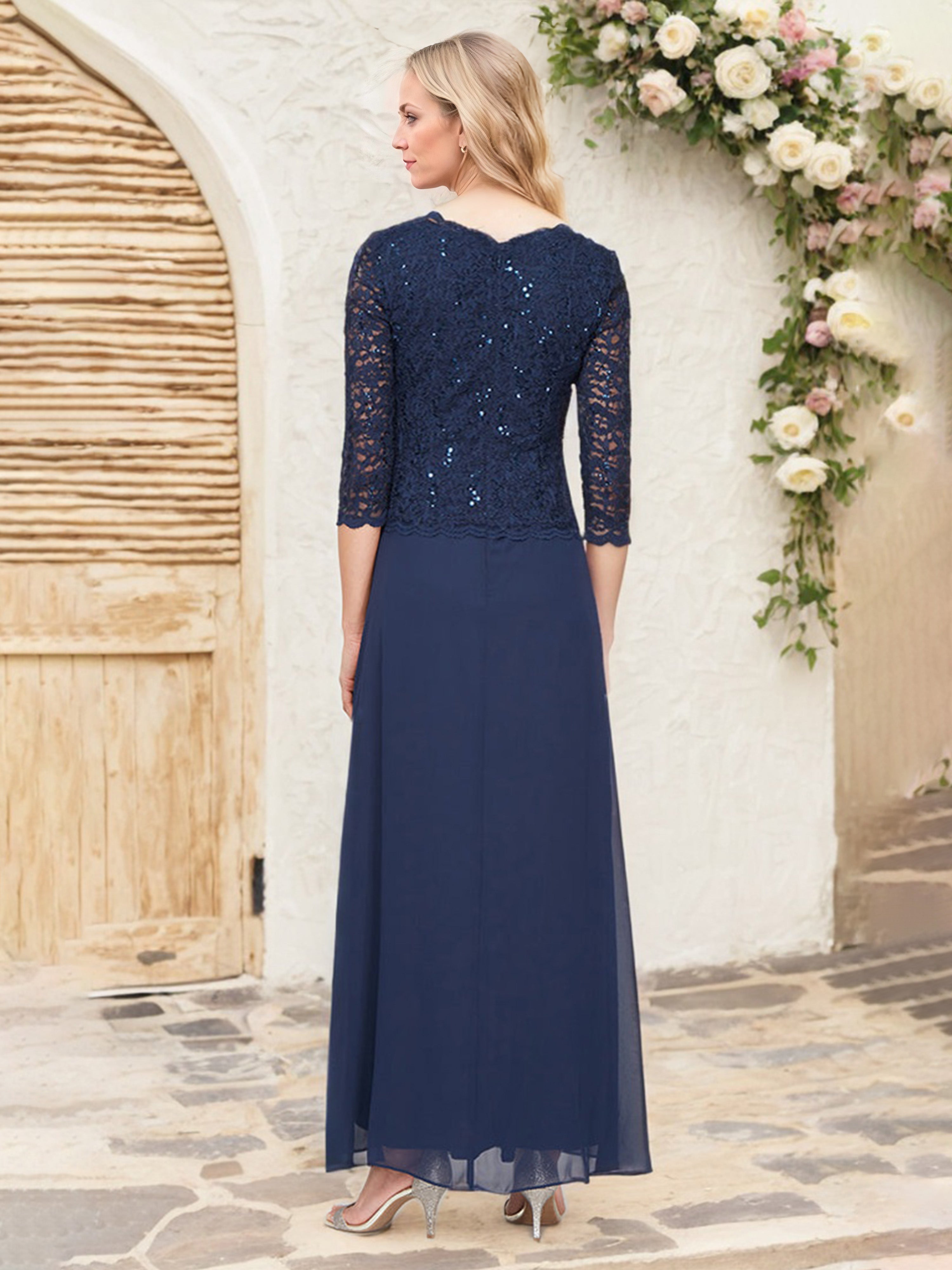 Dark Navy Mock Two-Piece Chiffon Mother of the Bride Dress with Lace Bodice and 3/4-Length Sleeves