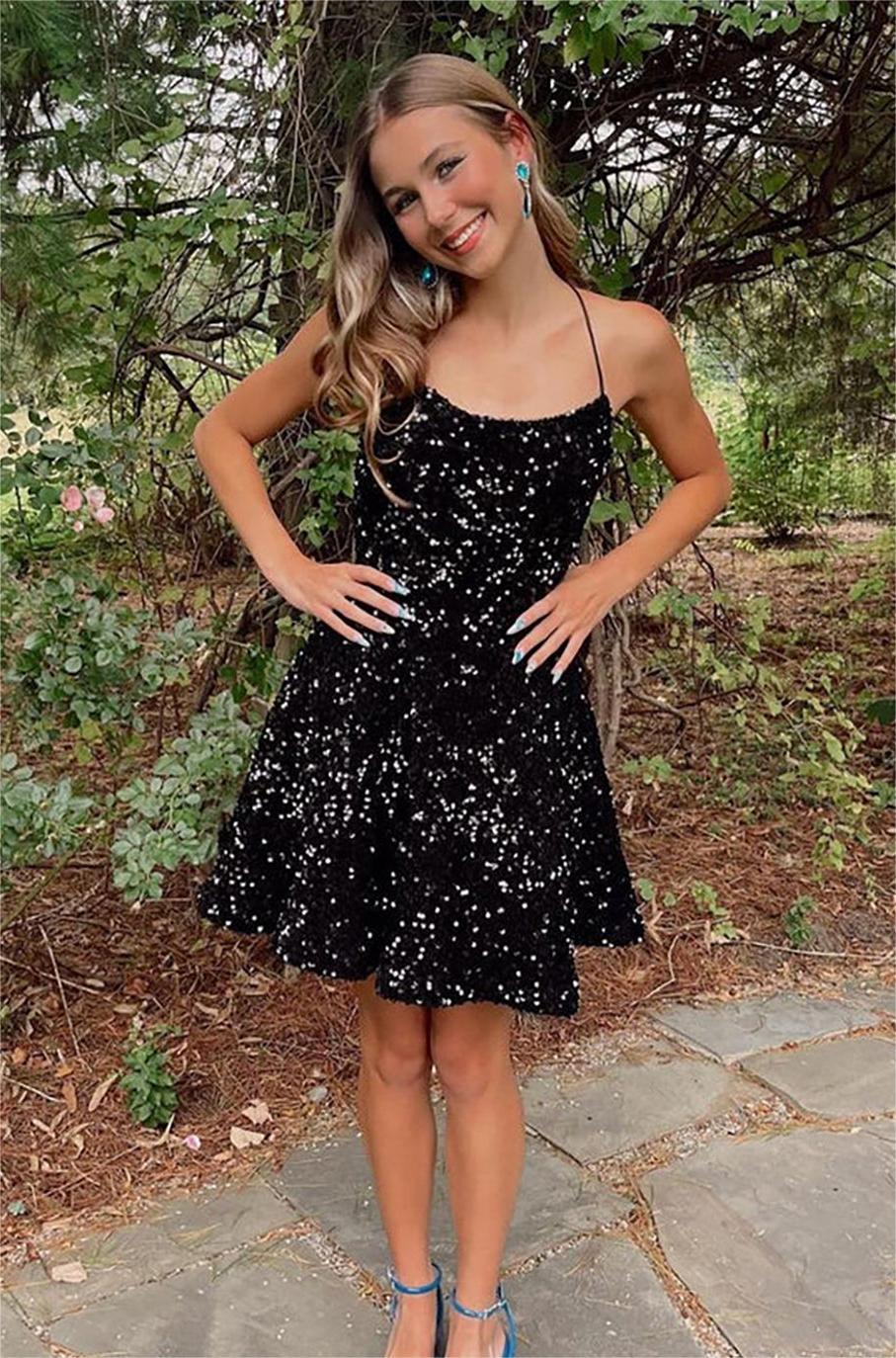 black cute homecoming dresses A Line Scoop Neck Black Sequins Short Homecoming Dress jkprom