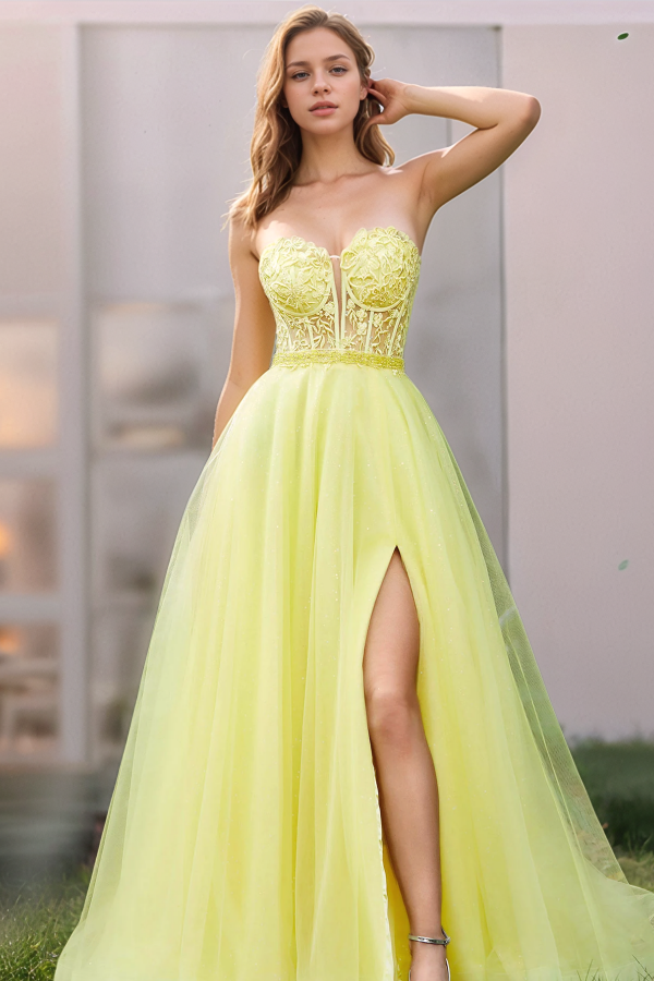 Chic & Modern A-Line Strapless Sleeveless Appliques Formal Prom Dresses Dress Tulle Floor Length High Side Slit Lace Up Evening Formal Gown Wedding Guest Dress