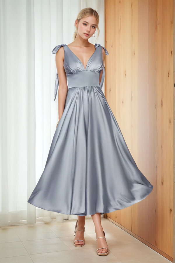 Modern A-Line V Neck Straps Sleeveless Pleated Prom Dresses Dress Open Back Tea Length Bridesmaids Dress