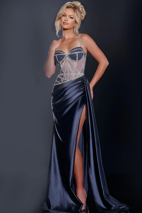 Elegant & Gorgeous Sheath Strapless Spaghetti Straps Back Zipper Formal Prom Dresses Dress Crystal Beaded Pleated High Side Slit Evening Dress Wedding Guest Gown