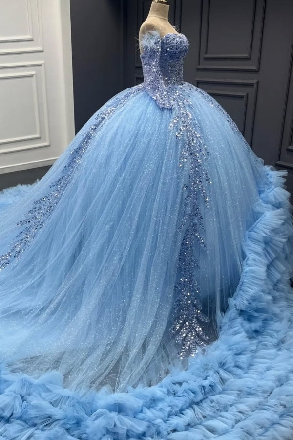 Ball Gown Off Shoulder Long Sleeves Fully Sequins Beaded Feather Ruffles Tiered Lace Up Sparkly Blue Tulle Quinceanera Dress Birthday Party Dress for Sweet 16