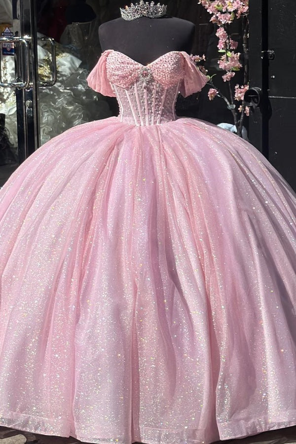 Glamorous & Cute Ball Gown Off Shoulder Beaded Pleated Lace Up Pink Tulle Quinceanera Dress Birthday Party Gown for Sweet 16