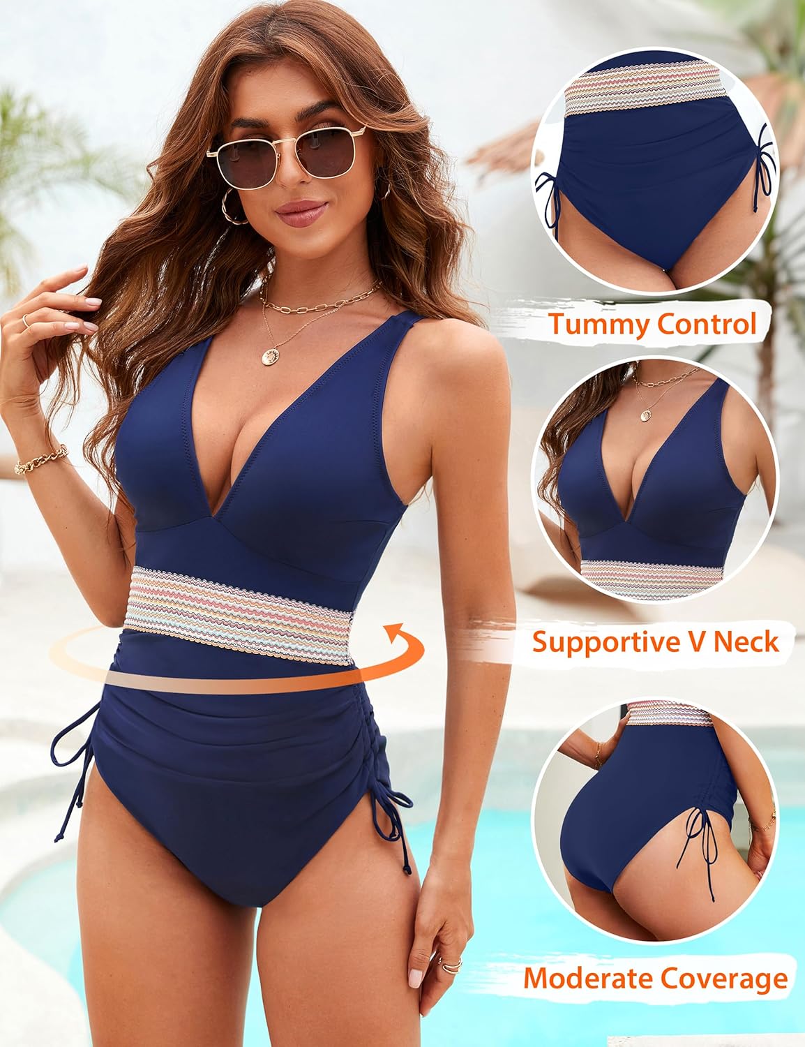 OmbreSwim - Women Tummy Control Swimsuits One Piece Slimming Modest Bathing Suit Color Block Drawstring Swim Suits