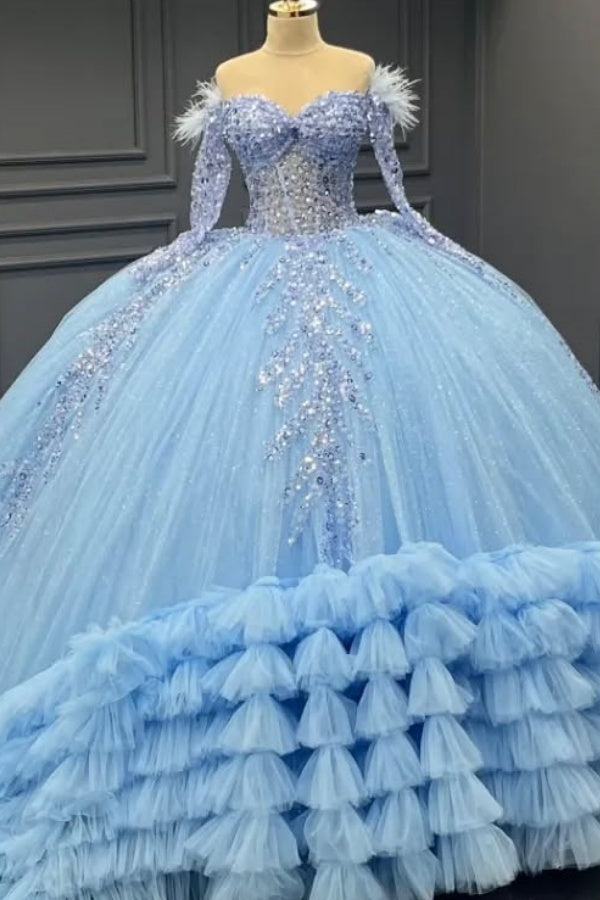 Ball Gown Off Shoulder Long Sleeves Fully Sequins Beaded Feather Ruffles Tiered Lace Up Sparkly Blue Tulle Quinceanera Dress Birthday Party Dress for Sweet 16