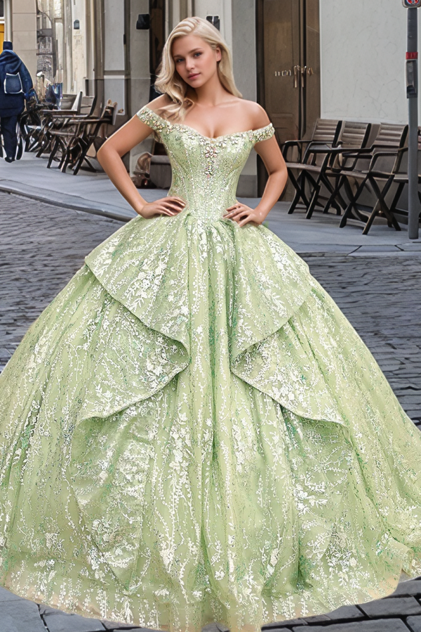 Glamorous Ball Gown Off SHoulder Sleeveless Beaded Tiered Ruffles Silver Flowers Appliques Green Tulle Quinceanera Dress Evening Formal Gown for Sweet 16