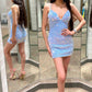Sweet Blue Spaghetti Straps V Neck Sequins Short Homecoming Dresses