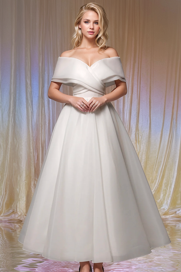 Casual & Simple A-Line Off Shoulder Sleeveless Pleated Lace Up Ankle Length Wedding Dress Bride Gown