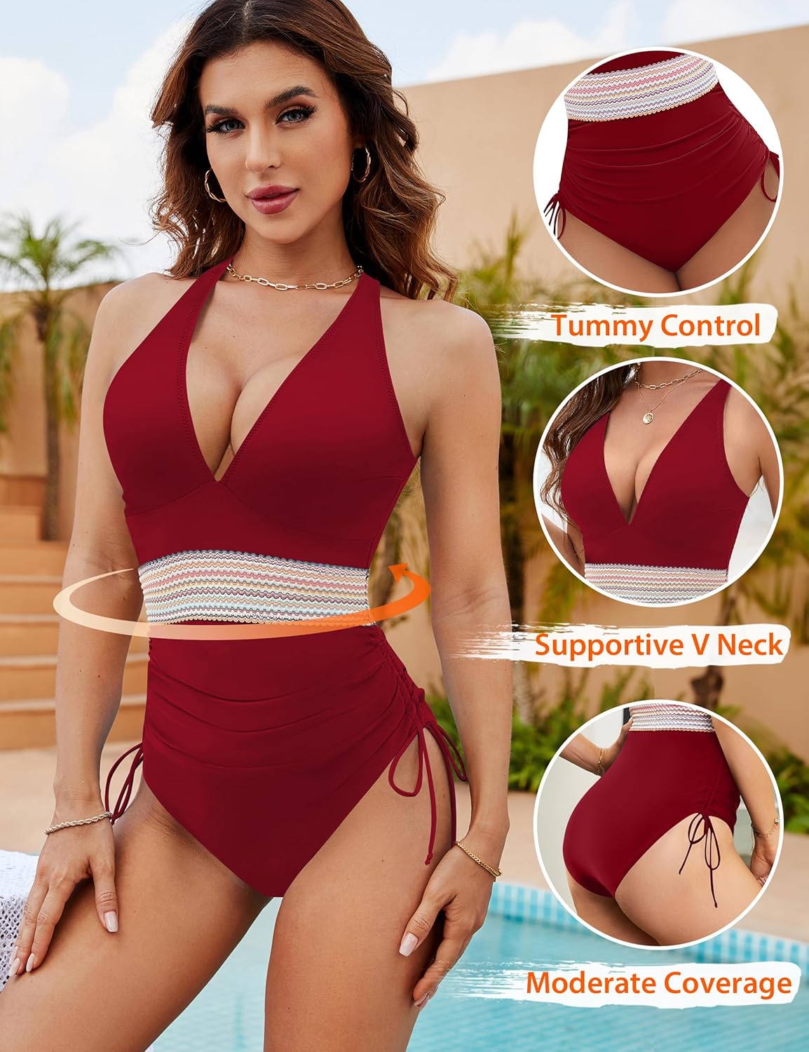 OmbreSwim - Women Tummy Control Swimsuits One Piece Slimming Modest Bathing Suit Color Block Drawstring Swim Suits