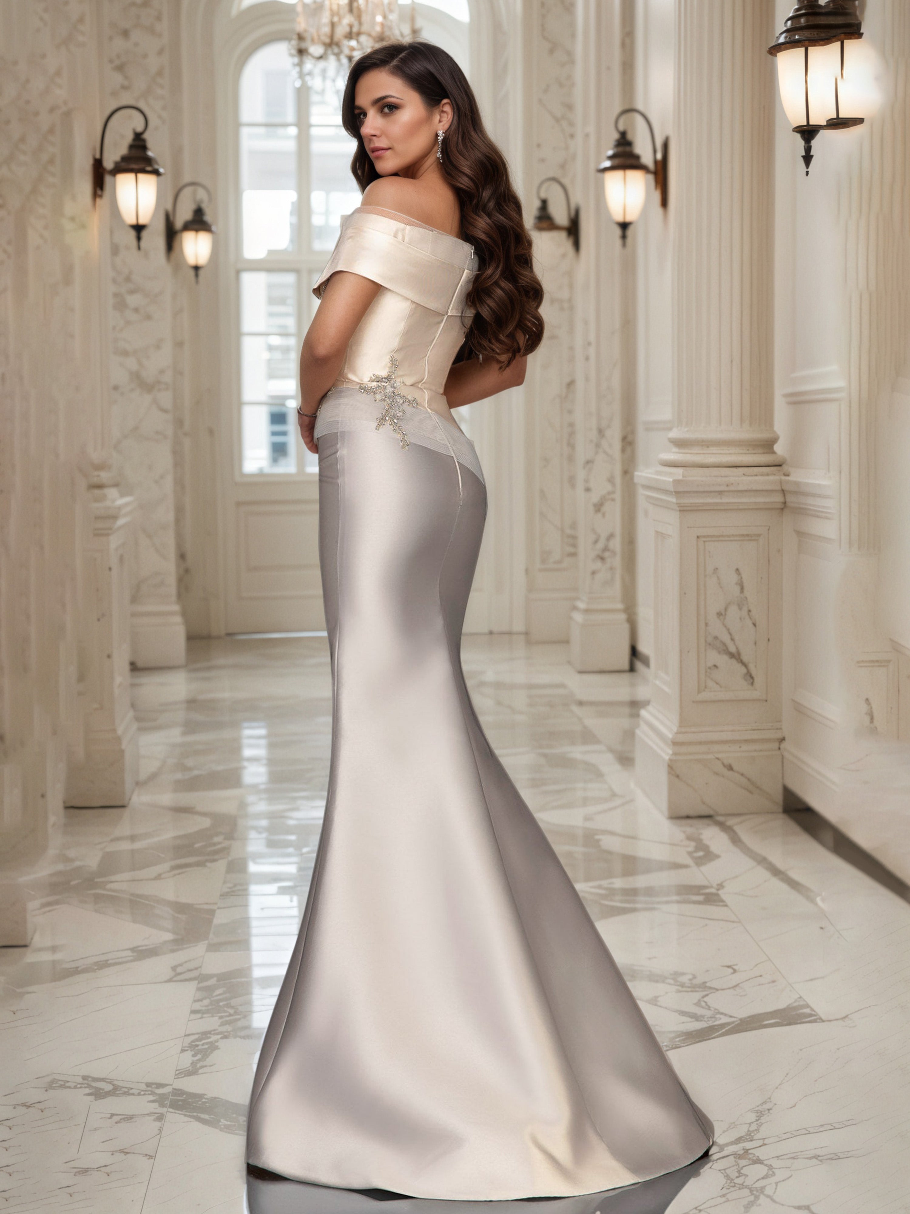 Taupe Mother of the Bride Dress with Off-the-Shoulder Styling, Beaded Appliques and Elegant Detailing