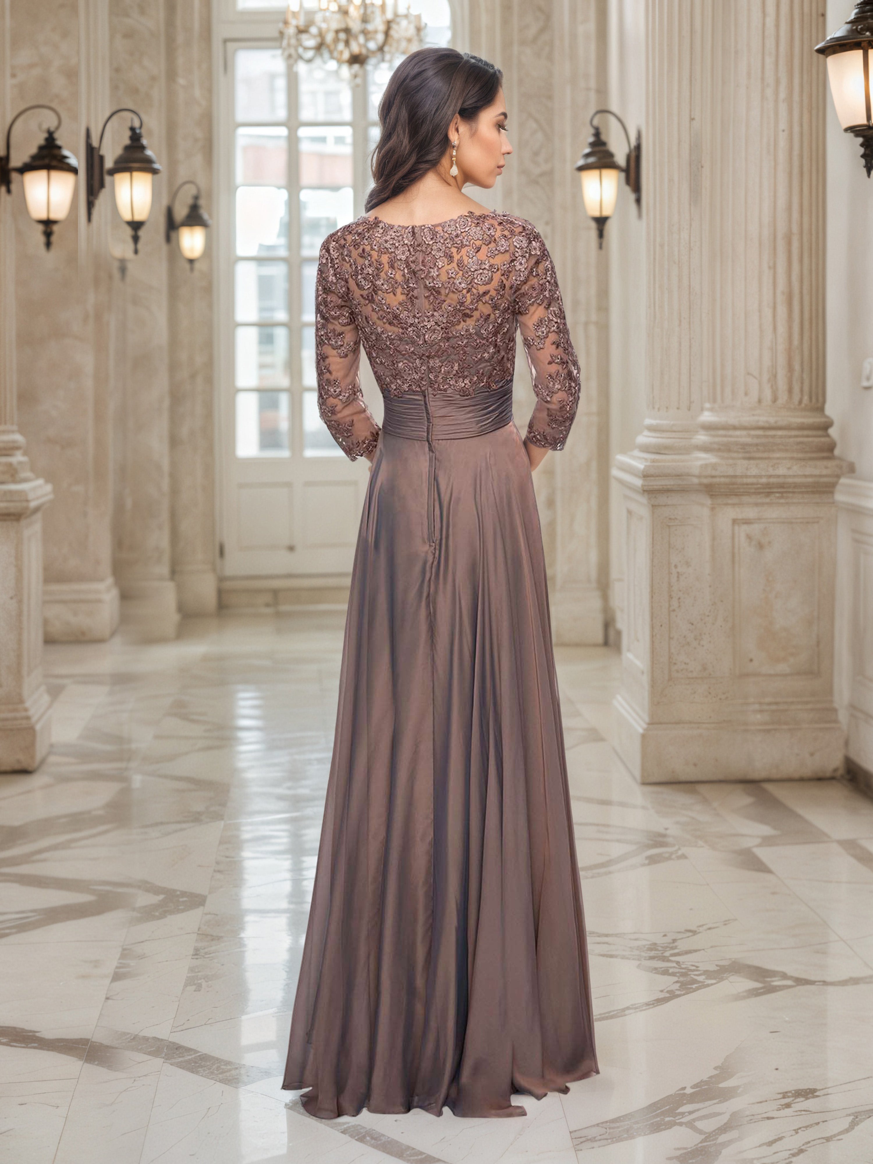 Brown A-Line Mother of the Bride Dress with 3/4 Lace Sleeves and a V-Neckline