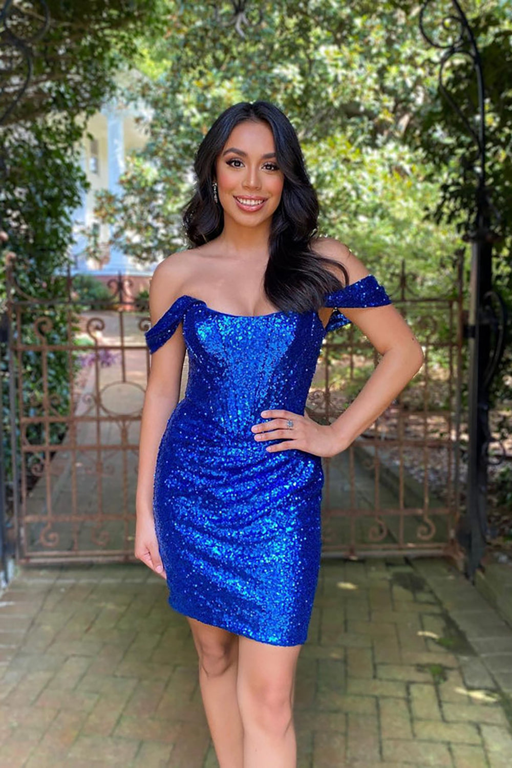 Glitter Off The Shoulder Bodycon Homecoming Dress Sparkly Royal