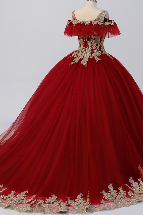 Ball Gown Off Shoulder Straps Sleeveless Gold Appliques Back Zipper Sparkly Burgundy Tulle Quinceanera Dress Formal Evening Gown for Sweet 16