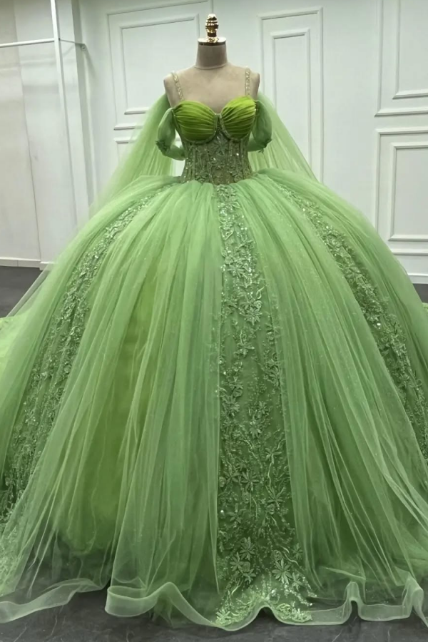 Ball Gown Off Shoulder Spaghetti Straps Sleeveless Pleated Beaded Appliques Backless Green Tulle Formal Evening Party Gown Quinceanera Dress for Sweet 16