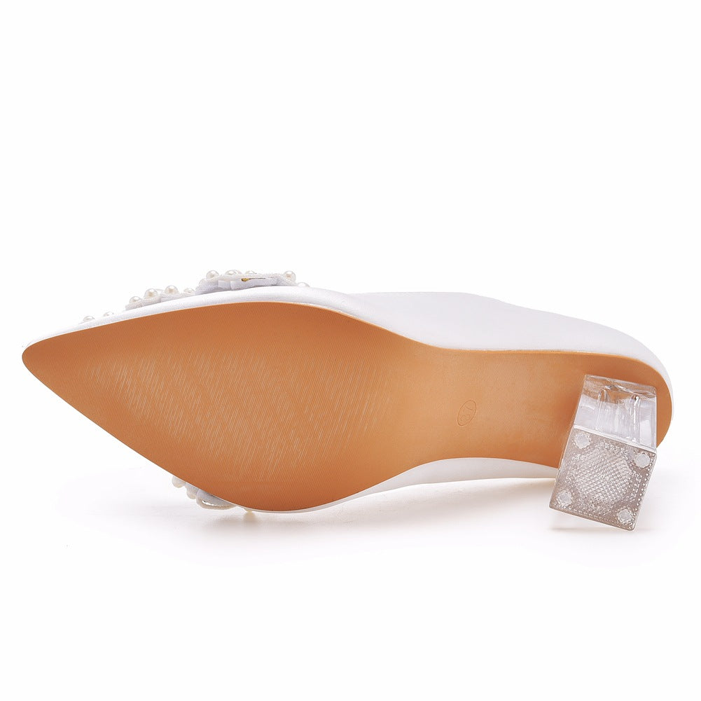 Women's Wedding Shoes Point Toe White Pearl Satin High Heels