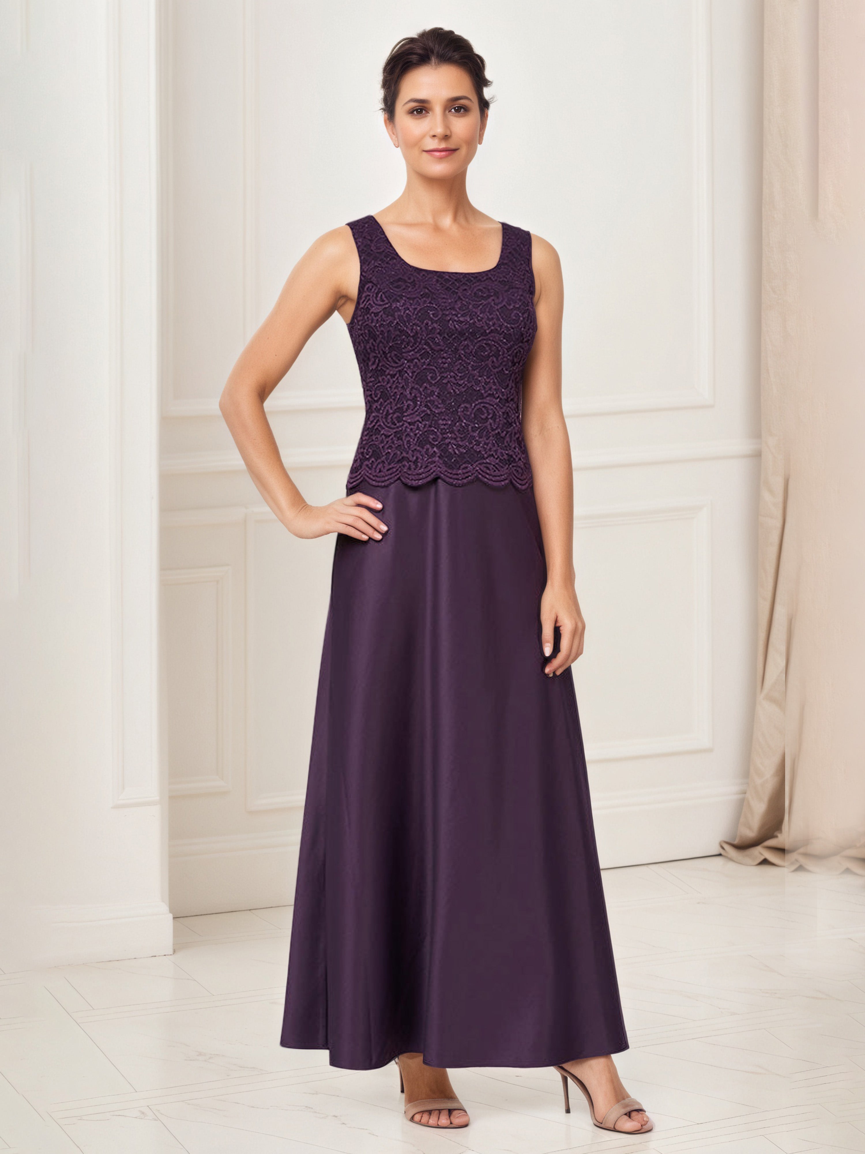 Aubergine Satin Mother of the Bride Dress with Glitter Lace Bodice and Matching Lace Jacket