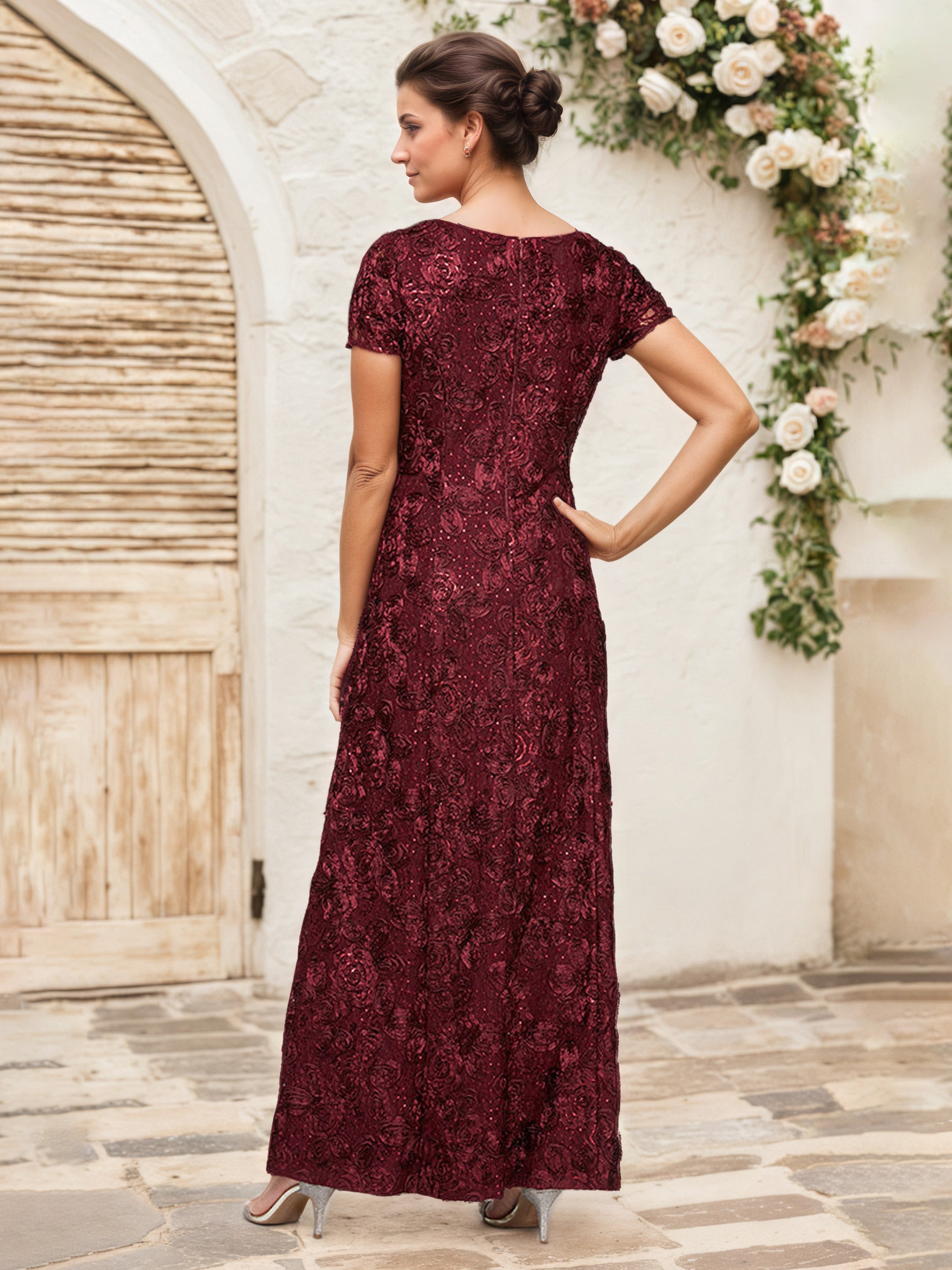 Burgundy A-Line Maxi Mother of the Bride Dress with Short Sleeves Lace Appliques and Sequin Details