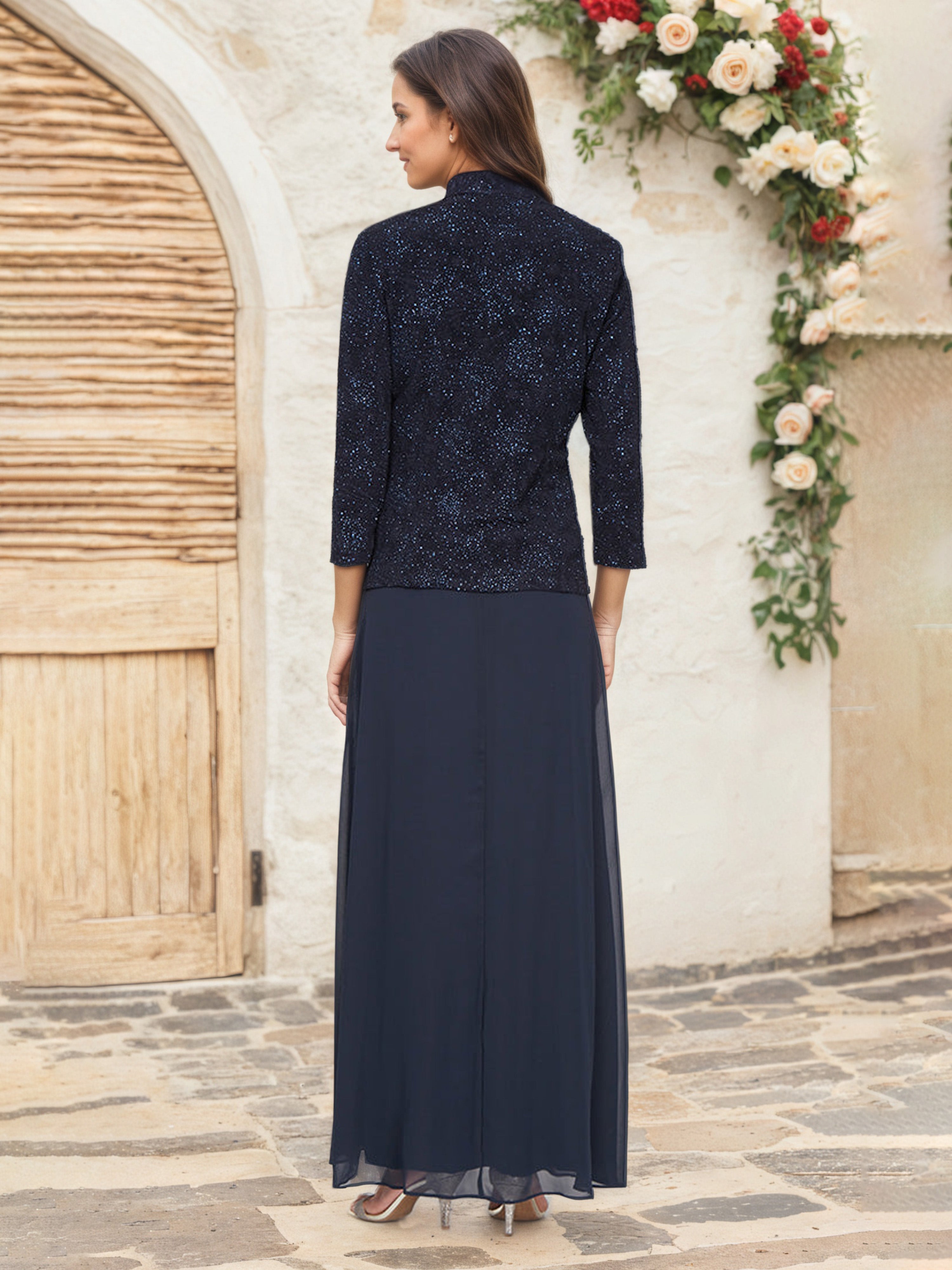 Dark Navy Chiffon Mother of the Bride Dress with Glitter Jacquard Fabric, Mandarin Neckline, and Matching Jacket