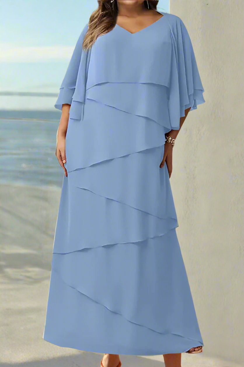 A Line Blue Layers V-Neck Mother of The Bride Dresses with Jacket A Line Blue Layers V-Neck Mother of The Bride Dresses with Jacket