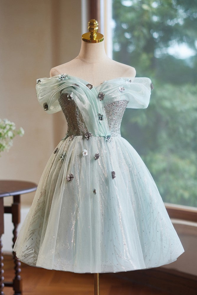flower hoco dress A-Line Off the Shoulder Tulle with Hand Made Flower Homecoming Dress