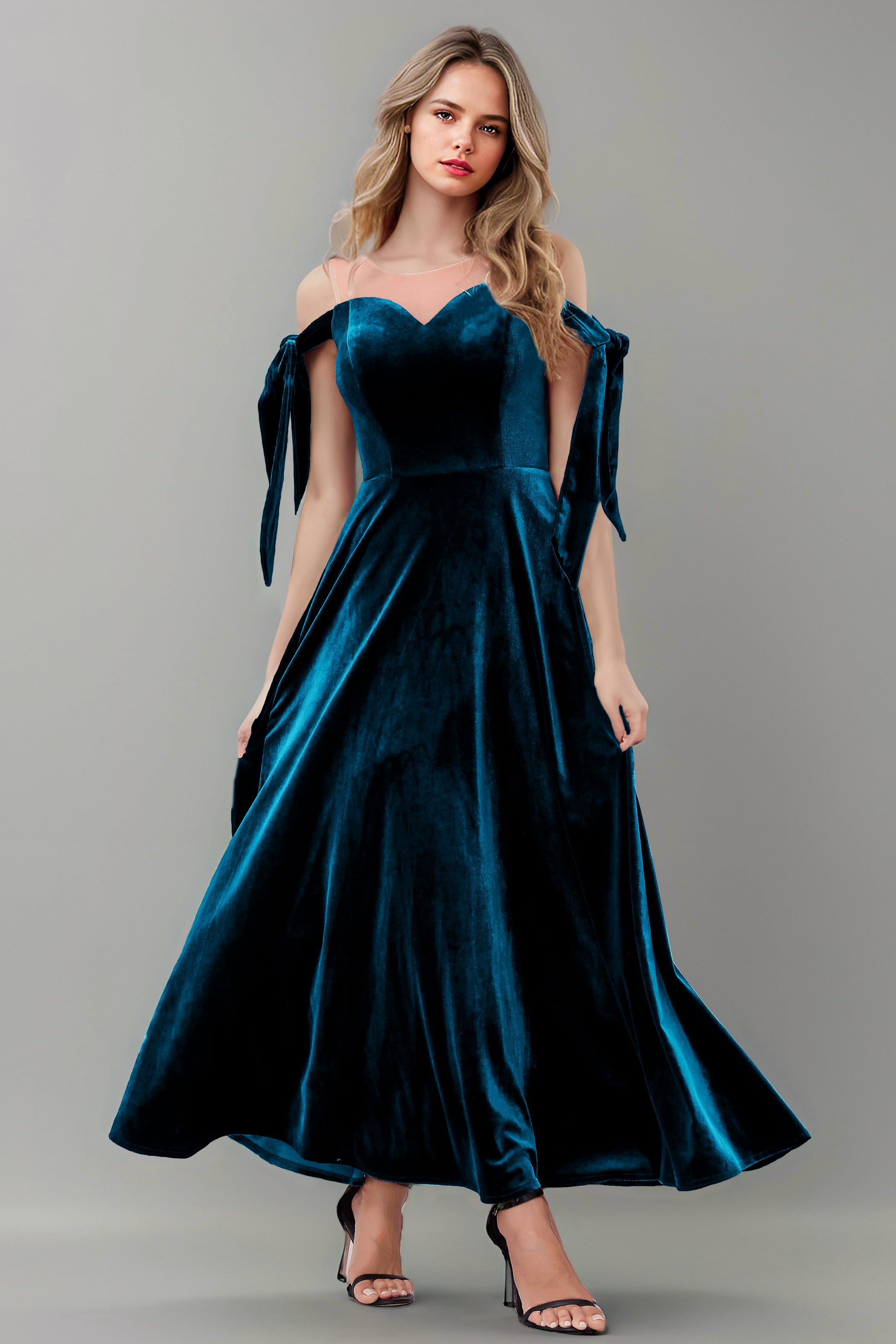 A Line Sheer Neck Ankle Length Velvet Bridesmaid Dresses A Line Sheer Neck Ankle Length Velvet Bridesmaid Dresses