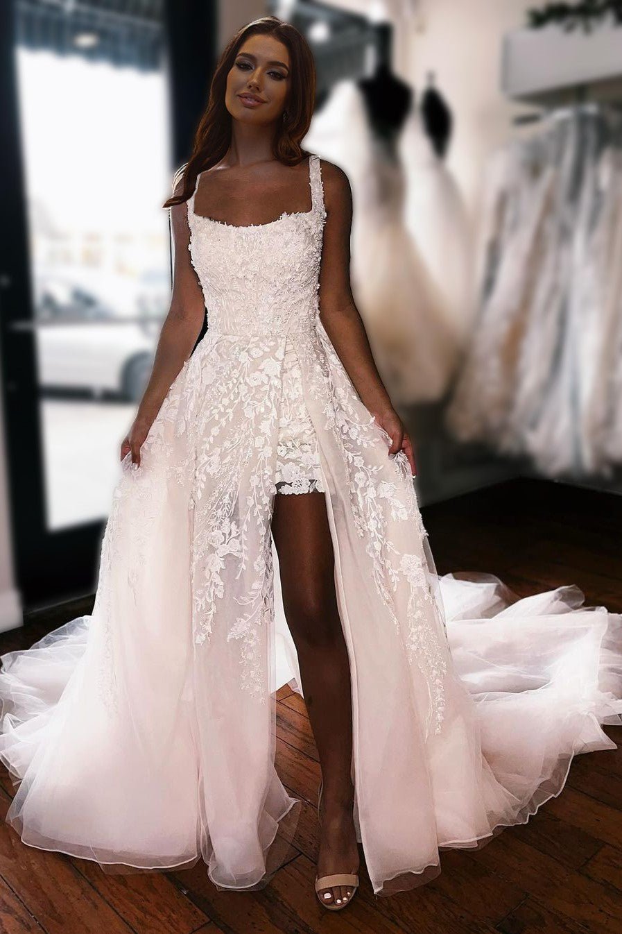 A Line Square Neck Sweep Train Wedding Dress with Lace Appliques A Line Square Neck Sweep Train Wedding Dress with Lace Appliques