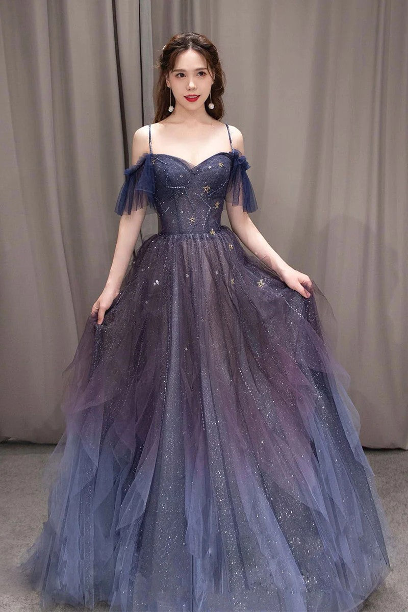 tulle evening dress A-line Dark Purple Ombre Tulle Evening Party Dresses Long Prom Dresses