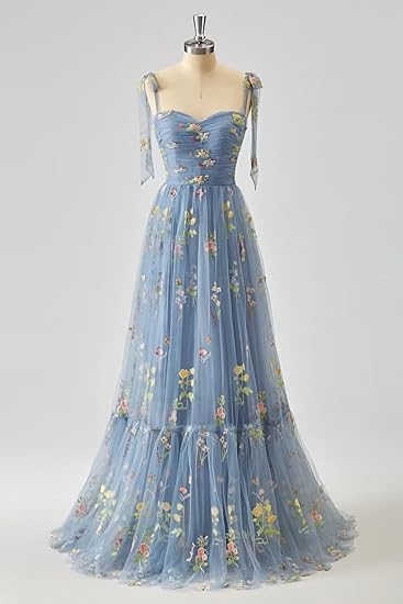 A-line Flower Embroidery Tulle Prom Dress Straps Formal Evening Party Gowns A-line Flower Embroidery Tulle Prom Dress Straps Formal Evening Party Gowns